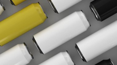 Beyaz arka plan üzerinde siyah, beyaz ve sarı gazoz RAWs kutular. İçecek mockup. Bira veya içecek teneke paketi. 3D render illüstrasyon