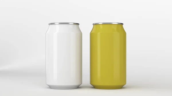 白色背景上的两个白色和黄色的小铝制汽水罐样机 锡包啤酒或饮料 渲染插图 — 图库照片