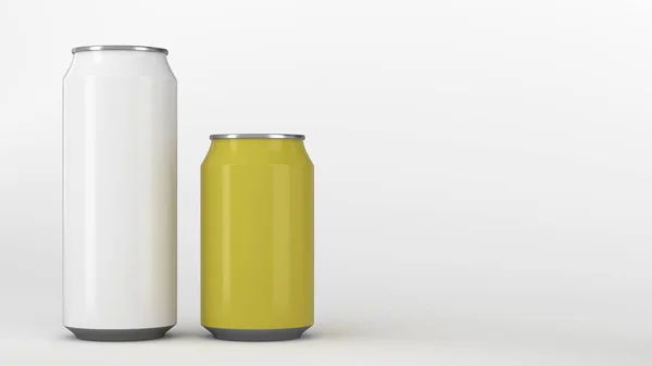 大白色和小黄铝汽水罐样机在白色背景 锡包啤酒或饮料 渲染插图 — 图库照片