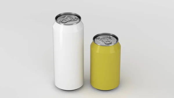 Big White Small Yellow Aluminum Soda Cans Mockup White Background — Stock Photo, Image