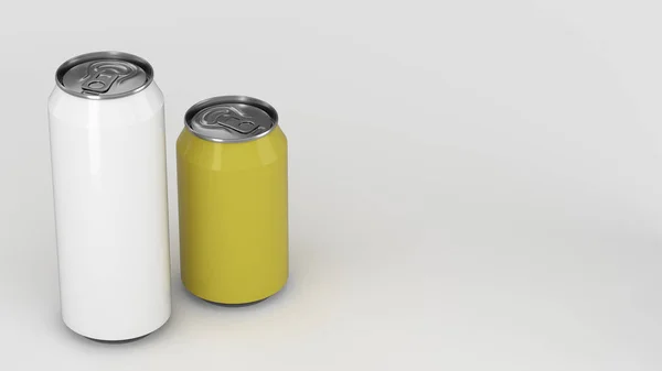 Grote Witte Kleine Gele Aluminium Soda Blikjes Mockup Witte Achtergrond — Stockfoto
