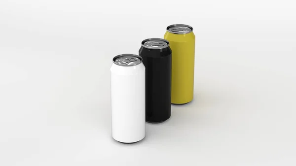 Cru Latas Refrigerante Preto Branco Amarelo Sobre Fundo Branco Mockup — Fotografia de Stock