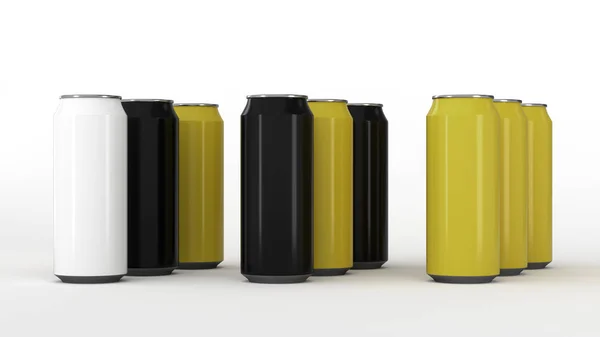 Raw Van Zwarte Witte Gele Soda Blikjes Witte Achtergrond Drank — Stockfoto
