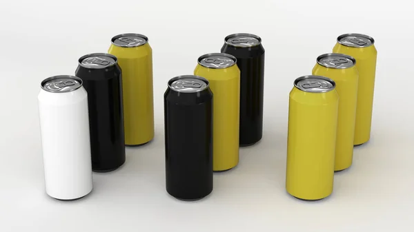 Raw Black White Yellow Soda Cans White Background Beverage Mockup — Stock Photo, Image