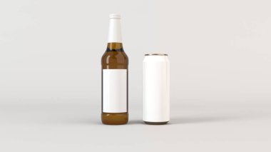 Kahverengi bira şişesi boş beyaz etiket ile 0,5 l, alay et ve beyaz arka plan üzerinde beyaz alüminyum miyim. Tasarım veya marka şablonu. 3D render illüstrasyon
