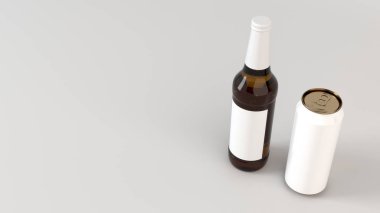 Kahverengi bira şişesi boş beyaz etiket ile 0,5 l, alay et ve beyaz arka plan üzerinde beyaz alüminyum miyim. Tasarım veya marka şablonu. 3D render illüstrasyon