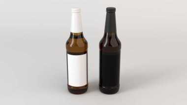Yukarı iki kahverengi bira şişe 0,5 l beyaz zemin üzerine boş siyah beyaz etiketlerle ilgili alay et. Tasarım veya marka şablonu. 3D render illüstrasyon