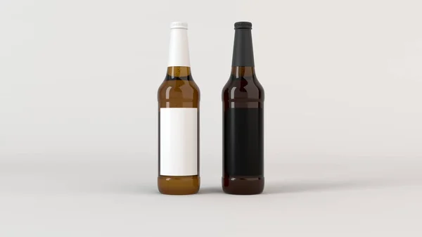 Maquette Deux Bouteilles Bière Brune Avec Des Étiquettes Blanches Noires — Photo