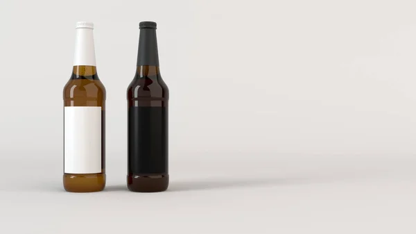 Finto Due Bottiglie Birra Marrone Con Etichette Bianche Nere Sfondo — Foto Stock