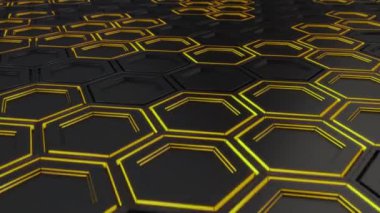 Teknolojik arka plan siyah altıgen yanarak bahislerin doğru sarı parlaklık ile yapılmış. Altıgen yanarak bahislerin doğru duvarına. 3D render illüstrasyon