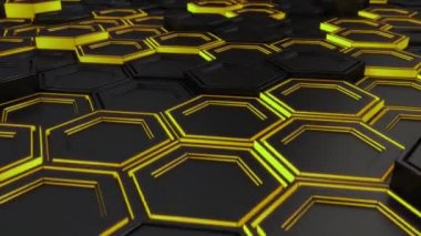 Teknolojik arka plan siyah altıgen yanarak bahislerin doğru sarı parlaklık ile yapılmış. Altıgen yanarak bahislerin doğru duvarına. 3D render illüstrasyon
