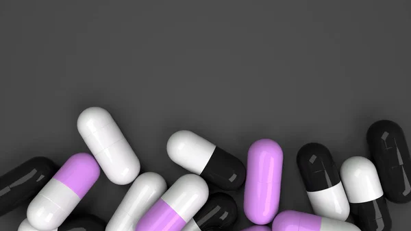 Pile Capsules Médicinales Noires Blanches Violettes Sur Fond Noir Concept — Photo