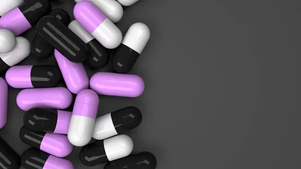 Куча Черных Белых Фиолетовых Капсул Лекарствами Черном Фоне Медицинская Медицинская — стоковое фото