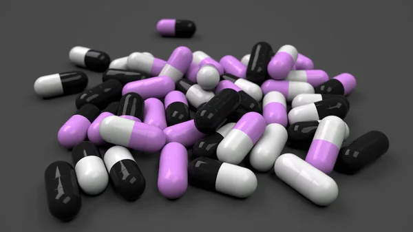 Montón Cápsulas Medicina Negra Blanca Púrpura Sobre Fondo Negro Concepto — Foto de Stock