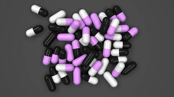 Pile Capsules Médicinales Noires Blanches Violettes Sur Fond Noir Concept — Photo