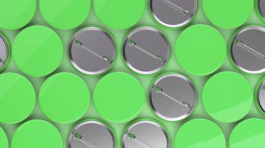 Yeşil arka plan boş yeşil rozetleri. PIN düğmesini mockup. 3D render illüstrasyon