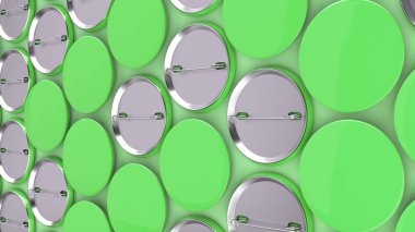 Yeşil arka plan boş yeşil rozetleri. PIN düğmesini mockup. 3D render illüstrasyon