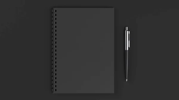 Cuaderno Espiral Negro Blanco Con Bolígrafo Automático Sobre Mesa Negra —  Fotos de Stock