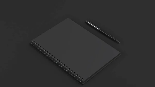 黒いテーブルの上の自動ボールペンで空白の黒スパイラル ノート ビジネス 教育またはオフィスのモックアップ レンダリング図 — ストック写真