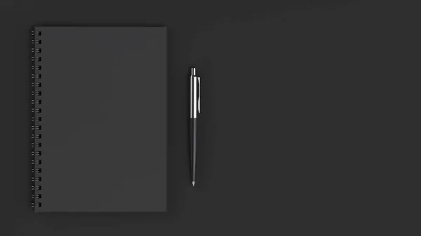 黒いテーブルの上の自動ボールペンで空白の黒スパイラル ノート ビジネス 教育またはオフィスのモックアップ レンダリング図 — ストック写真