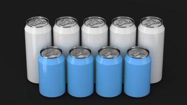 Büyük ve küçük beyaz ve mavi soda siyah arka plan üzerine iki raws ayakta kutular. İçecek mockup. Bira veya içecek teneke paketi. 3D render illüstrasyon