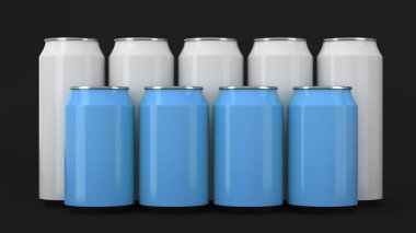 Büyük ve küçük beyaz ve mavi soda siyah arka plan üzerine iki raws ayakta kutular. İçecek mockup. Bira veya içecek teneke paketi. 3D render illüstrasyon