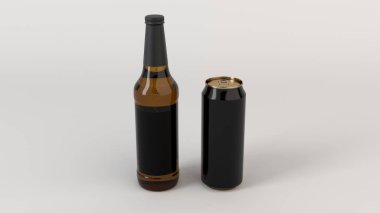 Kahverengi bira şişesi boş siyah etiket ile 0,5 l, alay et ve beyaz arka plan üzerinde siyah alüminyum miyim. Tasarım veya marka şablonu. 3D render illüstrasyon