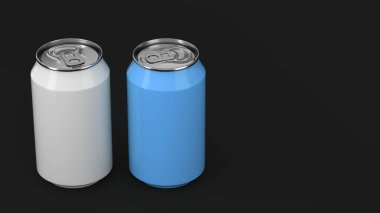 İki küçük beyaz ve mavi alüminyum tozu siyah arka plan üzerine mockup kutular. Bira veya içecek teneke paketi. 3D render illüstrasyon