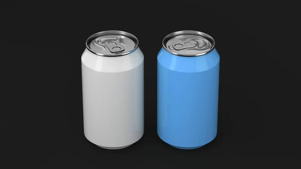 Deux Petites Canettes Soda Aluminium Blanc Bleu Maquette Sur Fond — Photo
