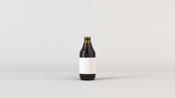 Mock Garrafa Cerveja Marrom 33L Com Etiqueta Branca Branco Fundo — Fotografia de Stock