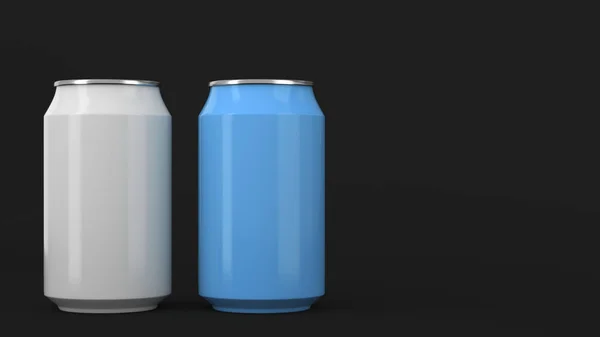 Dwa Małe Białe Niebieskie Aluminium Soda Puszek Makieta Czarnym Tle — Zdjęcie stockowe