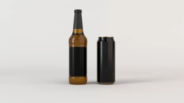 Makiety Piwa Brązowy Butelka Pustą Etykietę Czarny Czarny Aluminium Można — Zdjęcie stockowe