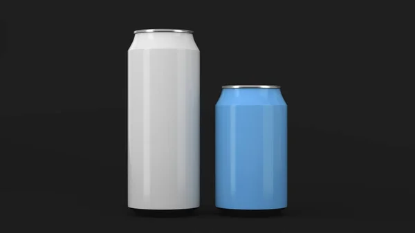 大きな白と小さな青いアルミのソーダ缶を黒い背景にモックアップ ビールやドリンクの錫のパッケージです レンダリング図 — ストック写真