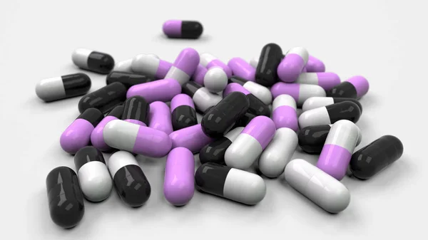 Montón Cápsulas Medicina Negra Blanca Púrpura Sobre Fondo Blanco Concepto — Foto de Stock