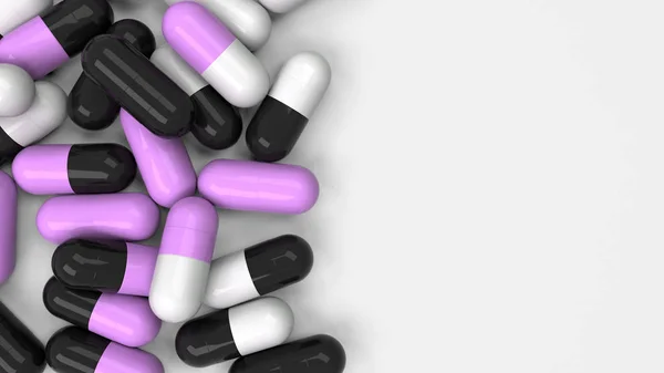 Куча Черных Белых Фиолетовых Капсул Лекарства Белом Фоне Медицинская Медицинская — стоковое фото