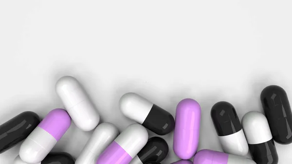 一堆黑色 白色和紫色的药物胶囊在白色的背景 医疗或药学的概念 渲染插图 — 图库照片