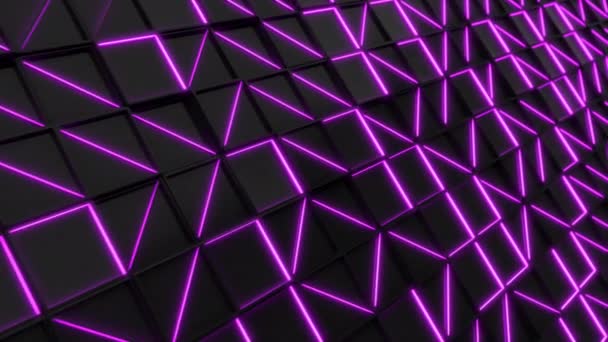 Стіна Чорної Прямокутної Плитки Фіолетовими Сяючими Елементами Сітка Квадратних Плиток — стокове відео