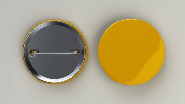 Beyaz arka plan üzerinde boş sarı rozeti. PIN düğmesini mockup. 3D render illüstrasyon