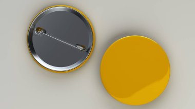 Beyaz arka plan üzerinde boş sarı rozeti. PIN düğmesini mockup. 3D render illüstrasyon