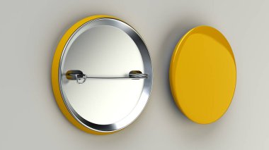 Beyaz arka plan üzerinde boş sarı rozeti. PIN düğmesini mockup. 3D render illüstrasyon