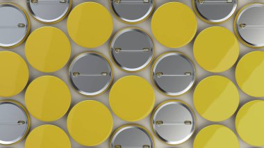 Beyaz arka plan boş sarı rozetleri. PIN düğmesini mockup. 3D render illüstrasyon