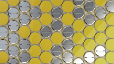 Beyaz arka plan boş sarı rozetleri. PIN düğmesini mockup. 3D render illüstrasyon