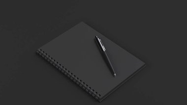 Boş Siyah spiral defter siyah tablo otomatik tükenmez kalem ile. İşletme, eğitim veya ofis mockup. 3D render illüstrasyon.