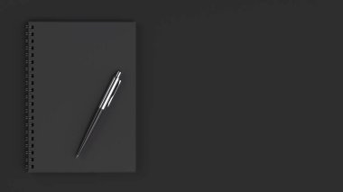 Boş Siyah spiral defter siyah tablo otomatik tükenmez kalem ile. İşletme, eğitim veya ofis mockup. 3D render illüstrasyon.