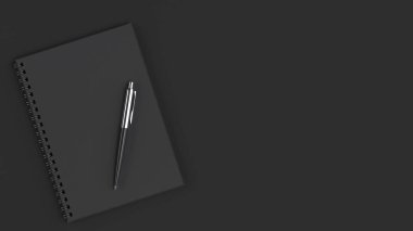 Boş Siyah spiral defter siyah tablo otomatik tükenmez kalem ile. İşletme, eğitim veya ofis mockup. 3D render illüstrasyon.