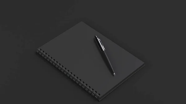 Blank Black Spiral Notebook Automatic Ballpoint Pen Black Table Business — Stock Photo, Image