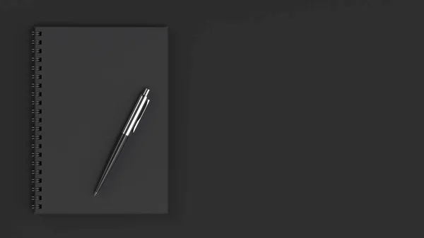 Cuaderno Espiral Negro Blanco Con Bolígrafo Automático Sobre Mesa Negra —  Fotos de Stock