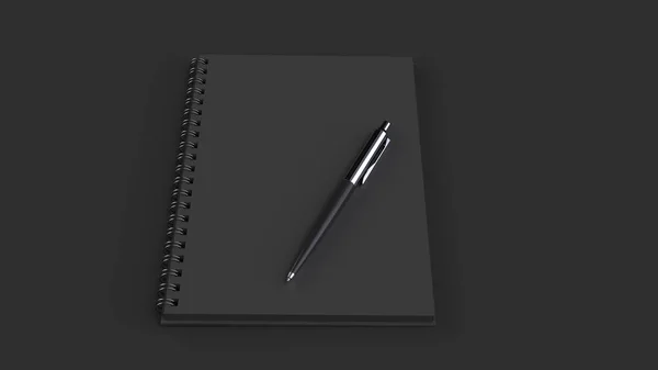 黑色桌上有自动圆珠笔的空白黑色螺旋笔记本 教育或办公样机 渲染插图 — 图库照片