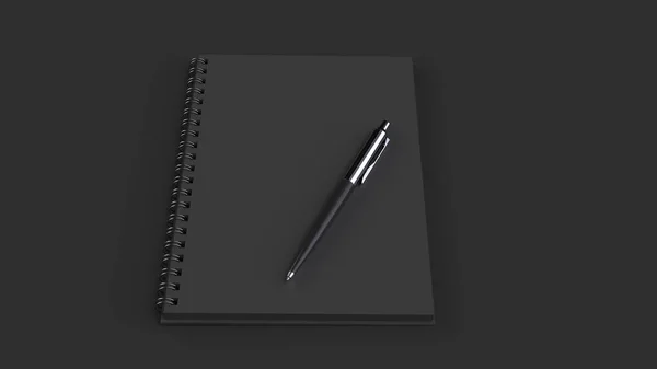 Cuaderno Espiral Negro Blanco Con Bolígrafo Automático Sobre Mesa Negra — Foto de Stock