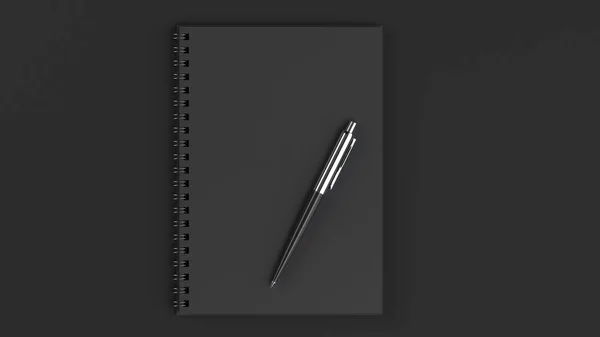 Prázdné Černé Spirála Notebook Automatickým Propiska Černém Stole Podnikání Vzdělání — Stock fotografie